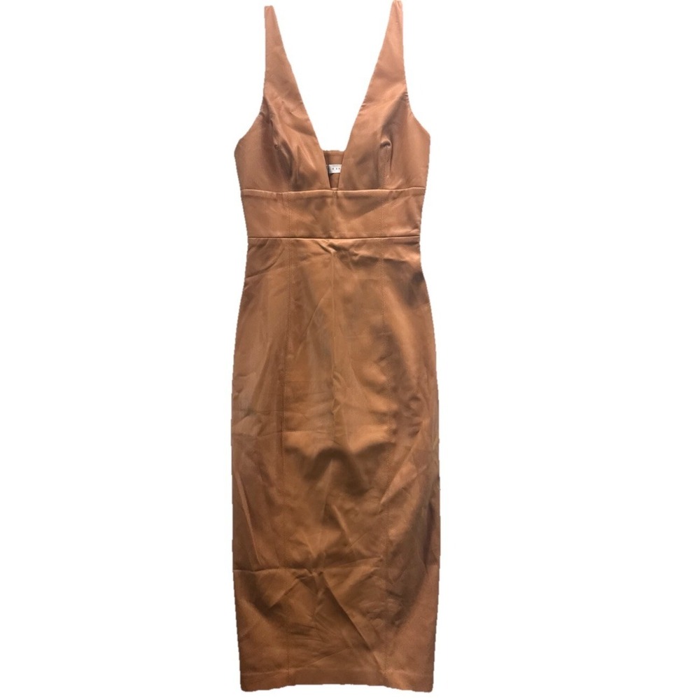 Susana Monaco Faux Leather Dress Size 0 Caramel Brown Sleeveless Bodycon Plunge